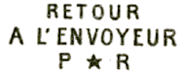 Marque linéaire avec mention RETOUR A L ENVOYEUR et P étoile R (Poste restante) /