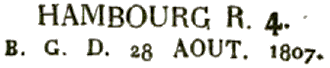 Marque linéaire avec nom de ville, lettre R, numéro, lettres BGD et date /