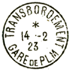 Timbre à date au type 04 avec mention : TRANSBORDEMENT GARE PLM