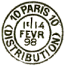 Timbre à date avec mention PARIS DISTRIBUTION et numéro de rayon