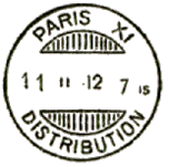 Timbre à date avec mention PARIS, numéro romain et mention : DISTRIBUTION