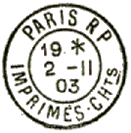 Timbre à date au avec mention : PARIS RP IMPRIMES CHts /