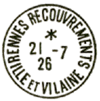 Timbre à date au type 04 avec ville et mention : RECOUVREMENTS /