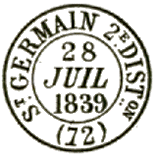 Timbre à date au type 13 avec nom de ville, numéro et mention : DISTon