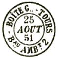 Timbre à date des ambulants avec mention BOITE lettre ville et Bau AMB /