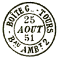 Timbre  date des ambulants avec mention BOITE lettre ville et Bau AMB / 