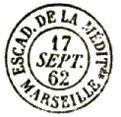 Timbre à date au type 15 avec mention : ESCADRE DE LA MEDIT MARSEILLE /