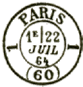 Timbre à date au type 17 avec mention PARIS, deux chiffres sur les cotés et 60 (département) /