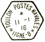 Timbre à date hexagonal avec mention TOULON POSTE NAVALE LIGNE et lettre /