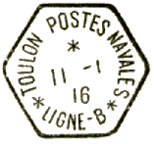 Timbre  date hexagonal avec mention TOULON POSTE NAVALE LIGNE et lettre / 