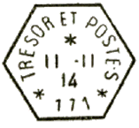 Timbre à date hexagonal avec mention TRESOR ET POSTE chiffre et étoiles /