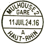 Timbre  date avec mention : MULHOUSE 2 GARE A HAUT RHIN