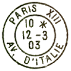 Timbre à date avec mention PARIS et numéro en chiffres romain du bureau ainsi que le nom /