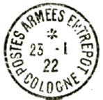 Timbre à date avec mention POSTES ARMEES ENTREPOT et ville /