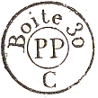Timbre circulaire mention BOITE, numéro, lettre dans le bas et lettres PP au centre /