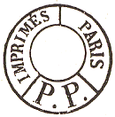 Timbre circulaire mention IMPRIMES PARIS PP et centre vide /