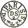 Timbre avec mention PARIS DISTon DE, heure et lettres du bureau au centre