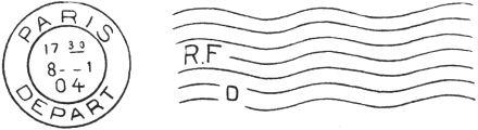 Oblitération mécanique lignes ondulées avec timbre à date à gauche et lettres RF entre les lignes /
