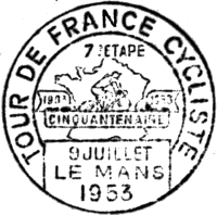 Timbre à date avec mention "TOUR DE FRANCE CYCLISME / 9 JUILLET LE MANS 1953" /
