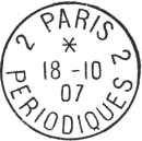 Timbre à date au type 04 avec mention PARIS entourés de numéros et mention PERIODIQUES /