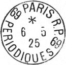 Timbre à date au type 04 avec mention PARIS entourés de numéros et mention PERIODIQUES /