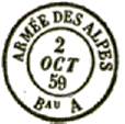 Timbre  date au type 15 avec mention ARMEE DES ALPES Bau et lettre du bureau / 