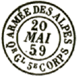 Timbre à date au type 15 avec mention : ARMEE DES ALPES Qr Gl 5e CORPS / 