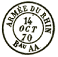 Timbre à date au type 15 avec mention ARMEE DU RHIN Bau et 2 lettres /