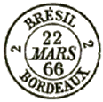 Timbre à date au type 15 avec nom de ville hors de l'Europe, chiffres et nom de ville française /