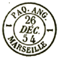 Timbre à date au type 15 avec mention PAQ et nom de ville /