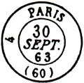 Timbre à date au type 15 avec mention Paris 60 et échoppé à droite /