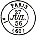 Timbre à date au type 15 avec mention Paris 60 et échoppé à droite /