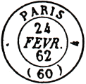 Timbre à date au type 15 avec mention Paris 60 et échoppé à gauche /