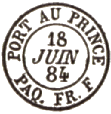 Timbre à date au type 15M avec mention "PORT AU PRINCE / PAQ. FR. F" /