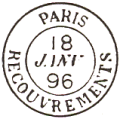 Timbre à date au type 15 avec mention : RECOUVREMENTS /