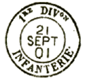 Timbre à date avec mention : 1er DIVon INFANTERIE /