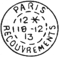 Timbre à date au type 84 avec mention : RECOUVREMENTS /