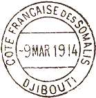 Timbre à date circulaire avec 2 barres et mention : COTE FRANCAISE DES SOMALIS /