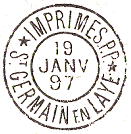 Timbre à date circulaire avec mention IMPRIMES PP et nom de ville /