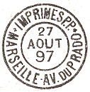 Timbre à date circulaire avec mention IMPRIMES PP, nom de ville et adresse bureau /