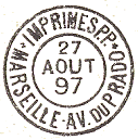 Timbre à date circulaire avec mention IMPRIMES PP, nom de ville et adresse bureau / 