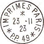 Timbre à date circulaire avec mention IMPRIMES PP, numéro et nom de ville /