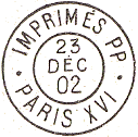 Timbre à date circulaire avec mention IMPRIMES PP PARIS et numéro de bureau /