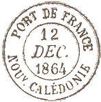 Timbre à date circulaire avec nom de ville et : PORT DE FRANCE NOUv CALEDONIE /