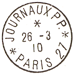 Timbre à date au type 04 avec mention JOURNAUX PP PARIS et numéro de bureau /