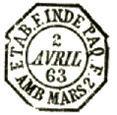 Timbre à date hexagonal avec mention PAQ, numéro de la ligne, numéro du paquebot, nom de ville hors d'Europe et nom de ville française /