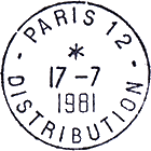 Timbre à date au type A9 avec mention : PARIS + numéro de quartier / DISTRIBUTION /