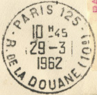 Timbre à date avec mention : PARIS + Numéro de bureau / Rue du bureau + Numéro d'arrondissement /