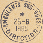 Timbre à date au type a8 avec mention : AMBULANTS SUD OUEST DIRECTION /