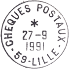 Timbre à date plastique avec mention : CHEQUES POSTAUX /